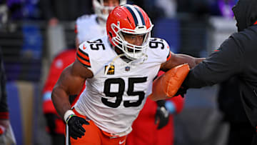 Jan 4, 2025; Baltimore, Maryland, USA; Cleveland Browns defensive end Myles Garrett (95) warms up before the game against Baltimore Ravens at M&T Bank Stadium. Mandatory Credit: Tommy Gilligan-Imagn Images