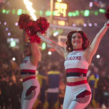 Apr 11, 2025; Portland, Oregon, USA; The Blazer Dancers perform before a game between the Portland Trail Blazers and the Golden State Warriors at Moda Center. Mandatory Credit: Troy Wayrynen-Imagn Images