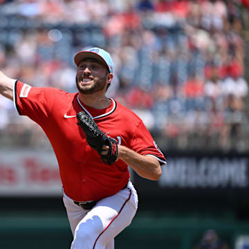 Jul 4, 2025; Washington, District of Columbia, USA; Washington Nationals relief pitcher Ryan Loutos (52) throws a pitch against the Boston Red Sox during the seventh inning at Nationals Park. Mandatory Credit: Rafael Suanes-Imagn Images