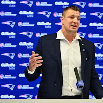 Nov 12, 2025; Foxborough, MA, USA; New England Patriots former player and current Fox Sports football analyst Rob Gronkowski speaks during a press conference where he signed a ceremonial one day contract at Gillette Stadium. Mandatory Credit: Eric Canha-Imagn Images