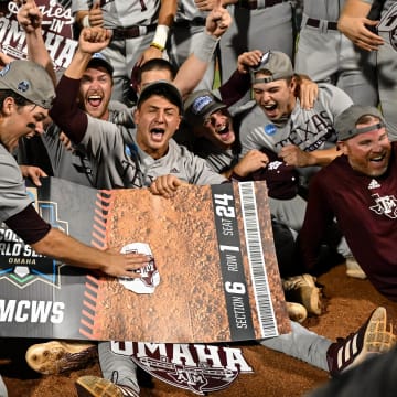 Jun 9, 2024; College Station, TX, USA; Texas A&M celebrates after sweeping Oregon in the Bryan-College Station Super Regional series at Olsen Field, Blue Bell Park.