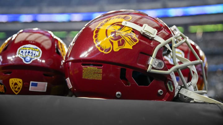 Jan 2, 2023; Arlington, Texas, USA; A view of the USC Trojans helmets and Cotton Bowl logo during the game between the USC Trojans and the Tulane Green Wave in the 2023 Cotton Bowl at AT&T Stadium. Mandatory Credit: Jerome Miron-USA TODAY Sports