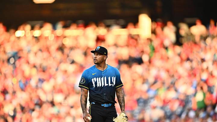 Jun 21, 2024; Philadelphia, Pennsylvania, USA; Philadelphia Phillies starting pitcher Taijuan Walker (99) looks on after allowing three runs against the Arizona Diamondbacks in the third inning at Citizens Bank Park. Mandatory Credit: Kyle Ross-Imagn Images