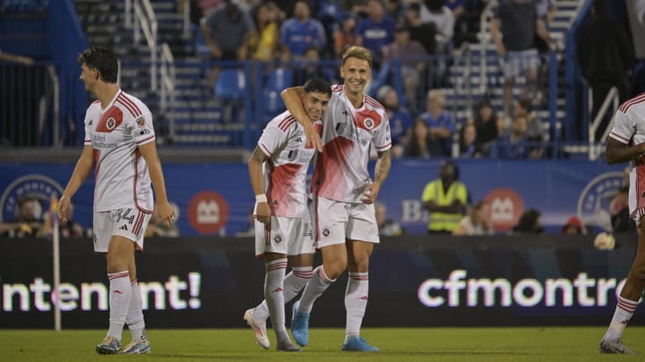 Aug 24, 2024; Montreal, Quebec, CAN; New England Revolution forward Giacomo Vrioni (9) celebrates a win over the CF Montreal at Stade Saputo. Mandatory Credit: Eric Bolte-USA TODAY Sports