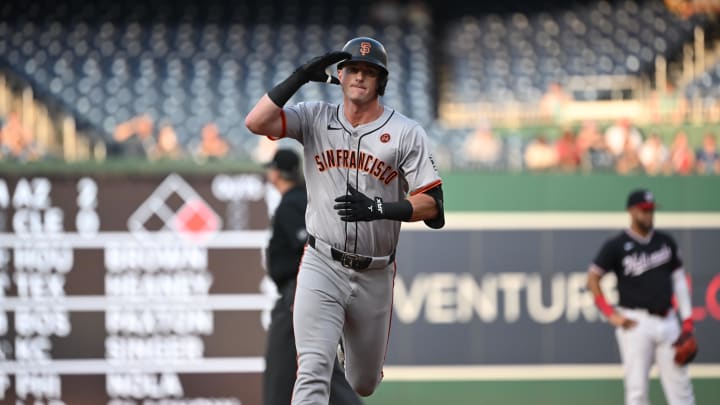 Aug 5, 2024; Washington, District of Columbia, USA; San Francisco Giants center fielder Tyler Fitzgerald salutes as he jogs around the bases.