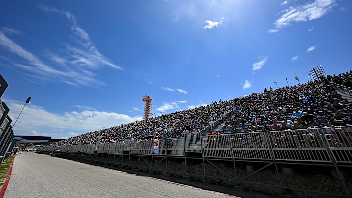 Apr 13, 2024; Austin, TX, USA; A view of the fans and the stands and the track during the Americas Grand Prix sprint race at Circuit of The Americas. Mandatory Credit: Jerome Miron-Imagn Images