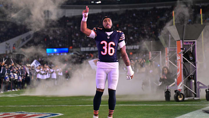 Dec 26, 2024; Chicago, Illinois, USA; Chicago Bears defensive back Jonathan Owens (36) enters the field before the game against the Seattle Seahawks at Soldier Field. Mandatory Credit: Daniel Bartel-Imagn Images