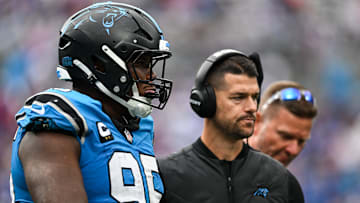 Carolina Panthers head coach Dave Canales and defensive lineman Derrick Brown