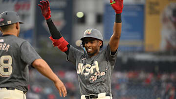 Sep 29, 2024; Washington, District of Columbia, USA; Washington Nationals second baseman Darren Baker (10) reacts after hitting a single against the Philadelphia Phillies during the ninth inning at Nationals Park. 