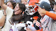 Sep 8, 2024; Cleveland, Ohio, USA; Cleveland Browns wide receiver Jerry Jeudy (3) celebrates with fans after catching a touchdown pass during the second half against the Dallas Cowboys at Huntington Bank Field. Mandatory Credit: Ken Blaze-Imagn Images
