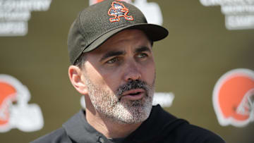 May 9, 2025; Berea, OH, USA; Cleveland Browns head coach Kevin Stefanski talks to the media during rookie minicamp at CrossCountry Mortgage Campus. Mandatory Credit: Ken Blaze-Imagn Images