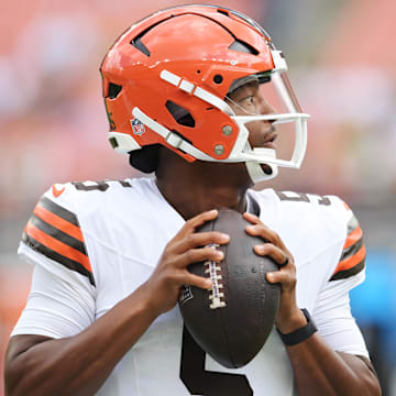 Aug 10, 2024; Cleveland, Ohio, USA; Cleveland Browns quarterback Jameis Winston (5) before the game against the Green Bay Packers at Cleveland Browns Stadium. Mandatory Credit: Ken Blaze-Imagn Images