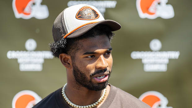 Cleveland Browns quarterback Shedeur Sanders (12) talks to the media during rookie minicamp at CrossCountry Mortgage Campus.