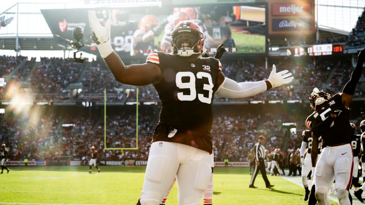 Nov 5, 2023; Cleveland, Ohio, USA; Cleveland Browns defensive tackle Shelby Harris (93) celebrates after A strip sack of Arizona Cardinals quarterback Clayton Tune (not pictured) during the second half at Cleveland Browns Stadium. Mandatory Credit: Ken Blaze-USA TODAY Sports