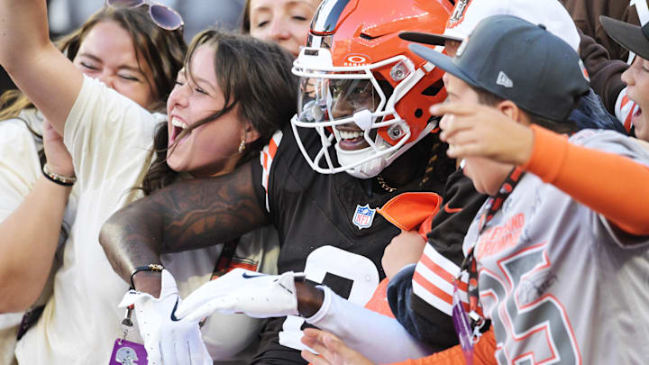 Sep 8, 2024; Cleveland, Ohio, USA; Cleveland Browns wide receiver Jerry Jeudy (3) celebrates with fans after catching a touchdown pass during the second half against the Dallas Cowboys at Huntington Bank Field. Mandatory Credit: Ken Blaze-Imagn Images