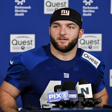 New York Giants running back Cam Skattebo (44) speaks to members of the press after rookie minicamp at Quest Diagnostics Training Center.