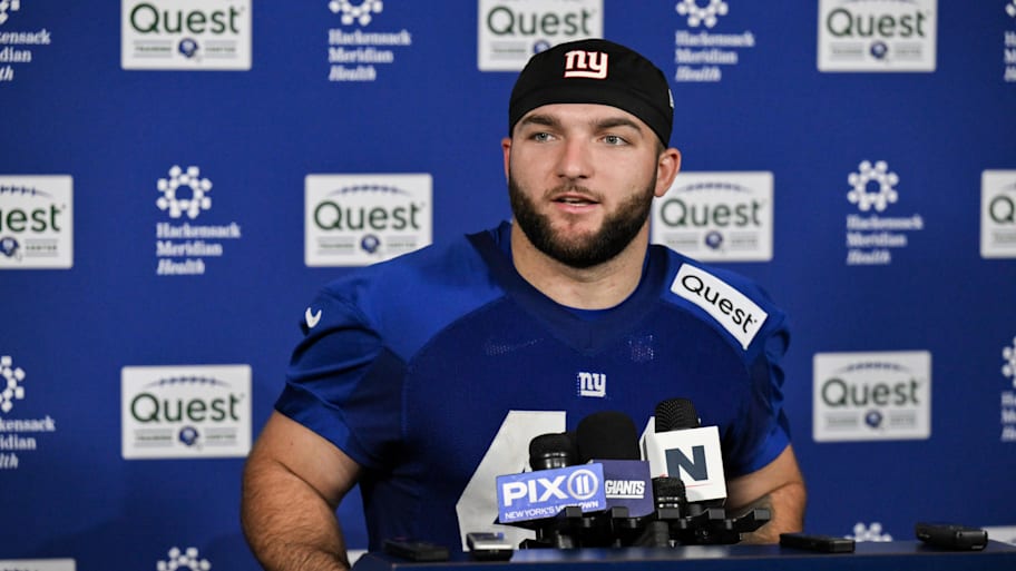 New York Giants running back Cam Skattebo (44) speaks to members of the press after rookie minicamp at Quest Diagnostics Training Center. | John Jones-Imagn Images