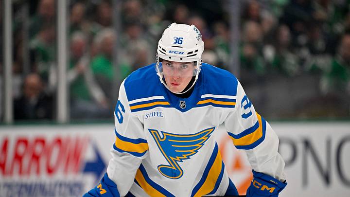 Oct 2, 2026; Dallas, Texas, USA; St. Louis Blues defenseman Adam Jiricek (36) skates against the Dallas Stars during the game at the American Airlines Center. Mandatory Credit: Jerome Miron-Imagn Images