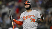 Jun 30, 2025; Arlington, Texas, USA; Baltimore Orioles designated hitter Gary Sanchez (99) reacts to striking out to end the inning against the Texas Rangers during the seventh inning at Globe Life Field.