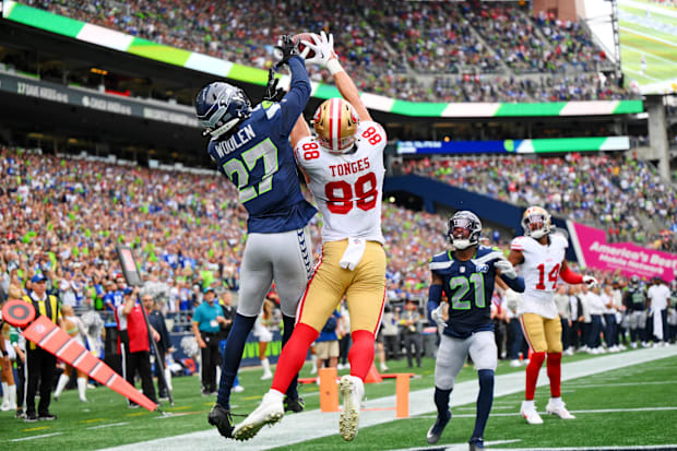 San Francisco 49ers tight end Jake Tonges (88) catches the ball for a touchdown