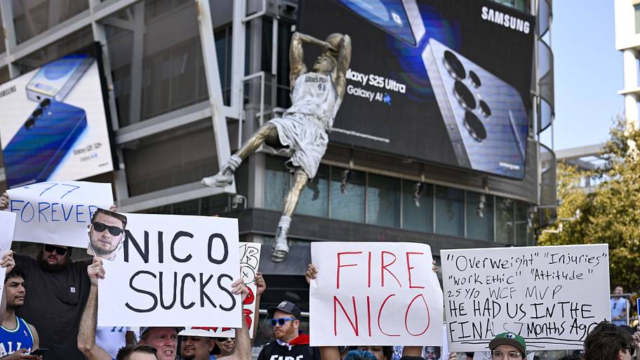 Dallas Mavericks fans gather outside the arena before a game against the Houston Rockets to protest the Luka Doncic trade.