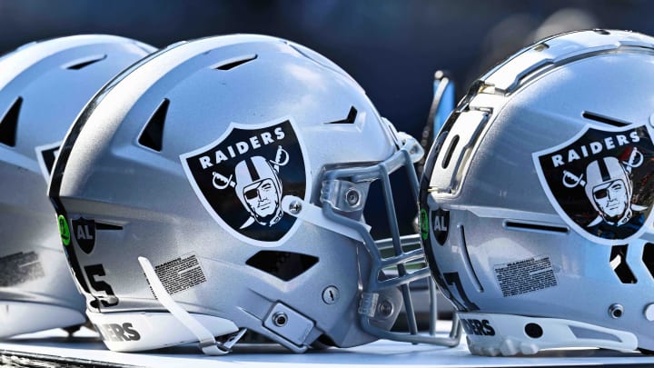 Oct 22, 2023; Chicago, Illinois, USA;  A detail view of Las Vegas Raiders helmets before a game against the Chicago Bears at Soldier Field. Mandatory Credit: Jamie Sabau-USA TODAY Sports