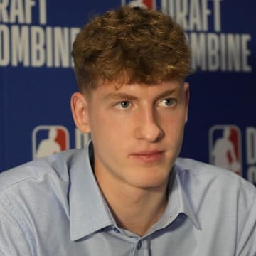 May 14, 2025; Chicago, Il, USA; Kasparas Jakucionis talks to the media during the 2025 NBA Draft Combine at Marriott Marquis Chicago. Mandatory Credit: David Banks-Imagn Images