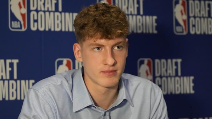 May 14, 2025; Chicago, Il, USA; Kasparas Jakucionis talks to the media during the 2025 NBA Draft Combine at Marriott Marquis Chicago. Mandatory Credit: David Banks-Imagn Images May 14, 2025; Chicago, Il, USA; Kasparas Jakucionis talks to the media during the 2025 NBA Draft Combine at Marriott Marquis Chicago. Mandatory Credit: David Banks-Imagn Images