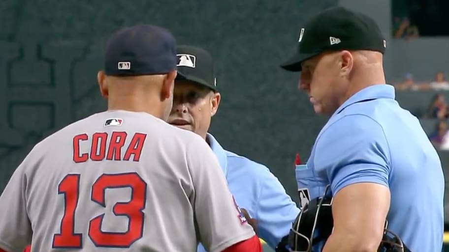 Red Sox manager Alex Cora was ejected for the fifth time this season during the club's 4-1 loss to the Astros Wednesday.  | Screengrab Twitter @JomboyMedia