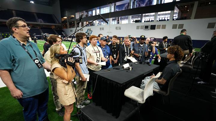 Jul 7, 2026; Frisco, TX, USA;  Colorado quarterback Julian Lewis speaks with  reporters during Big 12 Conference Football Media Days at The Star. Mandatory Credit: Raymond Carlin III-Imagn Images