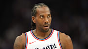 Apr 11, 2025; Sacramento, California, USA; Los Angeles Clippers forward Kawhi Leonard (2) during the fourth quarter against the Sacramento Kings at Golden 1 Center. Mandatory Credit: Darren Yamashita-Imagn Images