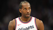 Apr 11, 2025; Sacramento, California, USA; Los Angeles Clippers forward Kawhi Leonard (2) during the fourth quarter against the Sacramento Kings at Golden 1 Center. Mandatory Credit: Darren Yamashita-Imagn Images