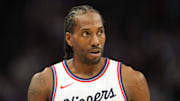 Apr 11, 2025; Sacramento, California, USA; Los Angeles Clippers forward Kawhi Leonard (2) during the fourth quarter against the Sacramento Kings at Golden 1 Center. Mandatory Credit: Darren Yamashita-Imagn Images