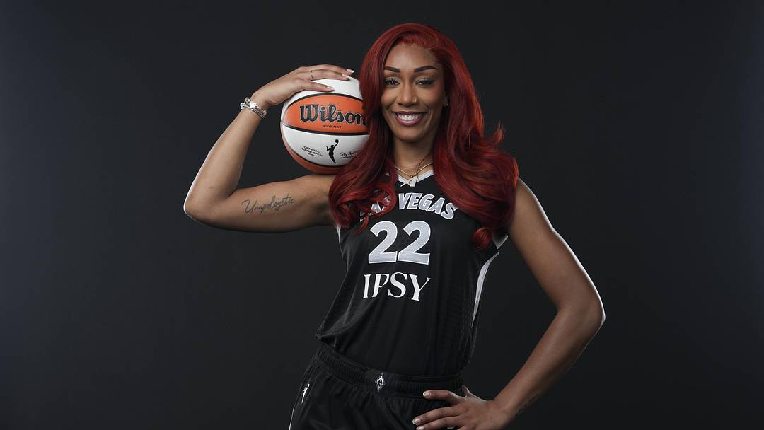 Apr 28, 2026; Las Vegas, NV, USA; Las Vegas Aces center A'ja Wilson (22) poses for a photo during the 2026 Las Vegas Aces Media Day.Mandatory Credit: Lucas Peltier-Imagn Images