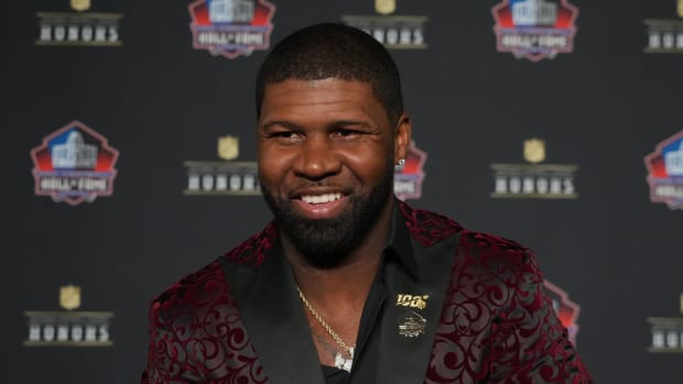 Devin Hester during the NFL Hall of Fame Class of 2024 press conference at Resorts World Theatre. 