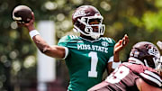 Mississippi State Quarterback Kamario Taylor (#1) during the 2025 Spring Game at Davis Wade Stadium at Scott Field in Starkville, MS.