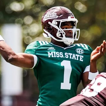 Mississippi State Quarterback Kamario Taylor (#1) during the 2025 Spring Game at Davis Wade Stadium at Scott Field in Starkville, MS.