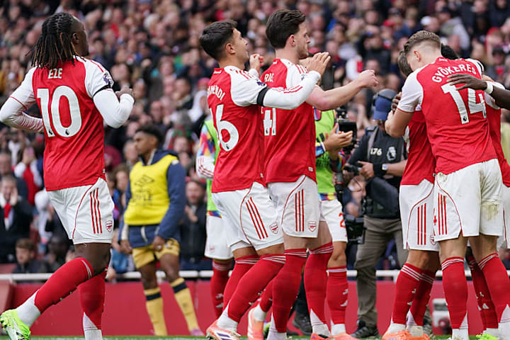Eberechi Eze, Martin Zubimendi and Viktor Gyökeres of Arsenal