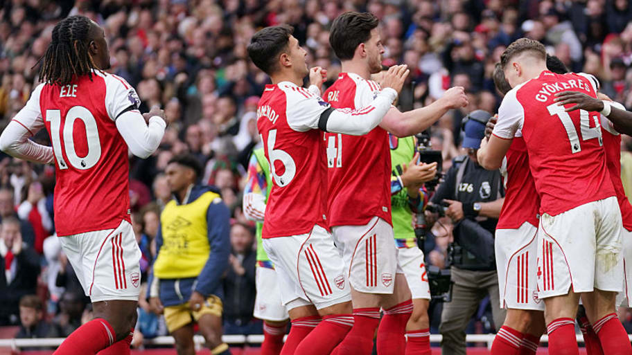 Eberechi Eze, Martin Zubimendi and Viktor Gyökeres of Arsenal