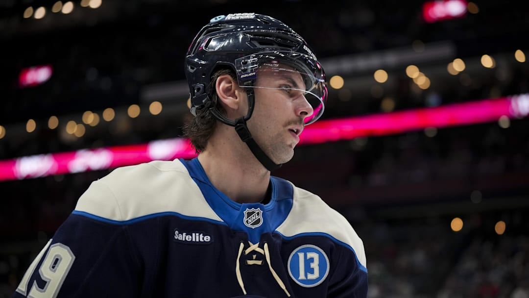 Nov 23, 2024; Columbus, Ohio, USA;  Columbus Blue Jackets center Adam Fantilli (19) awaits the face-off against the Carolina Hurricanes in the third period at Nationwide Arena. Mandatory Credit: Aaron Doster-Imagn Images