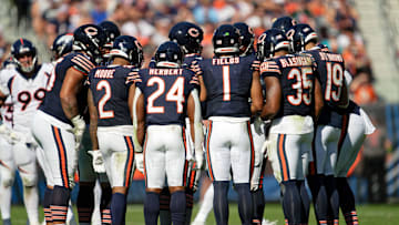 Oct 1, 2023; Chicago, Illinois, USA;  The Chicago Bears huddle up during a game against the Denver Broncos at Soldier Field. Mandatory Credit: Jamie Sabau-Imagn Images