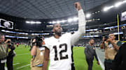 Nov 23, 2025; Paradise, Nevada, USA; Cleveland Browns quarterback Shedeur Sanders (12) reacts at the end of the game against the Las Vegas Raiders at Allegiant Stadium. Mandatory Credit: Kirby Lee-Imagn Images