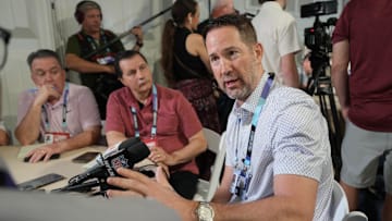 Apr 1, 2025; Palm Beach, FL, USA;  Dallas Cowboys head coach Brian Schottenheimer answers questions from the media during the NFL Annual League Meeting at The Breakers. Mandatory Credit: Jim Rassol-Imagn Images
