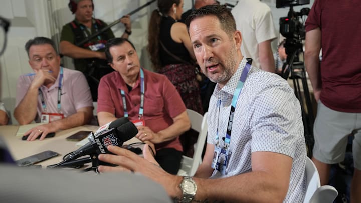 Apr 1, 2025; Palm Beach, FL, USA;  Dallas Cowboys head coach Brian Schottenheimer answers questions from the media during the NFL Annual League Meeting at The Breakers.
