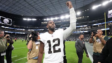 Nov 23, 2025; Paradise, Nevada, USA; Cleveland Browns quarterback Shedeur Sanders (12) reacts at the end of the game against the Las Vegas Raiders at Allegiant Stadium. Mandatory Credit: Kirby Lee-Imagn Images