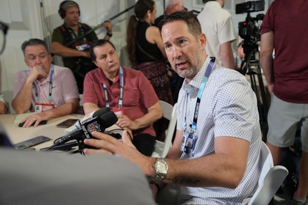 Dallas Cowboys head coach Brian Schottenheimer answers questions from the media during the NFL Annual League Meeting.