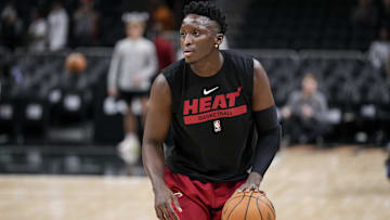 Nov 27, 2022; Atlanta, Georgia, USA; Miami Heat guard Victor Oladipo (4) warms up prior to the game against the Atlanta Hawks at State Farm Arena. Mandatory Credit: Dale Zanine-Imagn Images