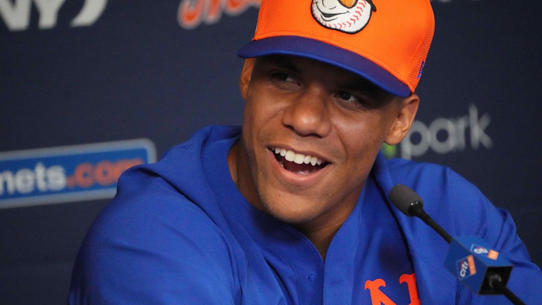 Feb 16, 2025; Port St. Lucie, FL, USA; New York Mets outfielder Juan Soto (22) addresses the media at spring training. Mandatory Credit: Jim Rassol-Imagn Images