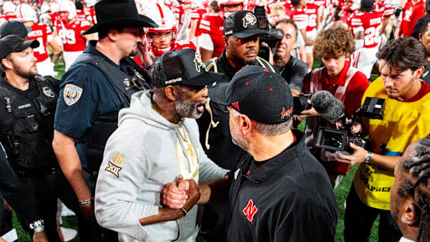 Colorado Buffaloes head coach Deion Sanders and Nebraska Cornhuskers head coach Matt Rhule