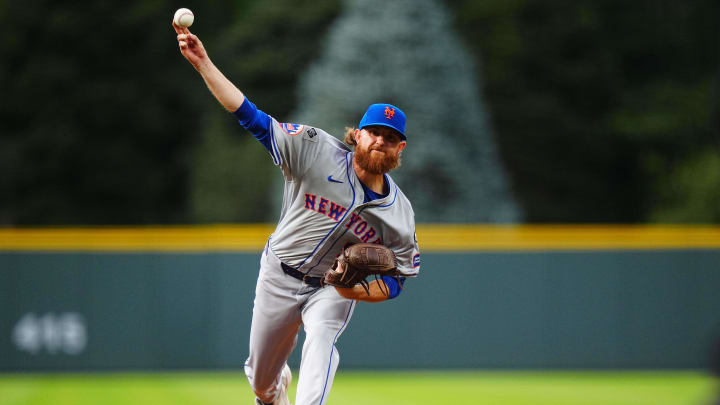 Aug 7, 2024; Denver, Colorado, USA; New York Mets starting pitcher Paul Blackburn (58) delivers a pitch in the first inning against the Colorado Rockies at Coors Field. Mandatory Credit: Ron Chenoy-USA TODAY Sports